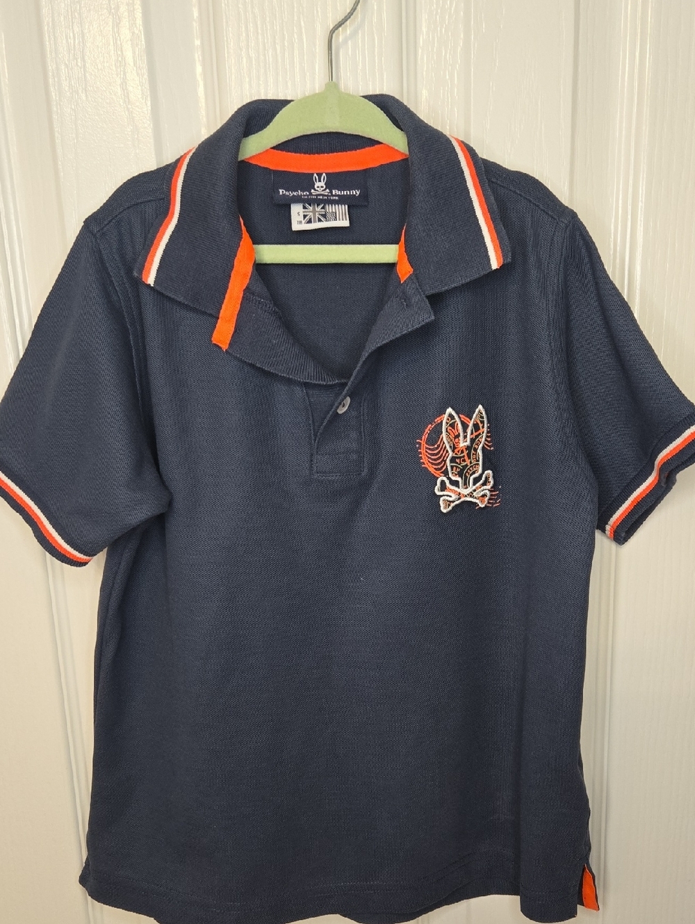 Psycho Bunny Navy Polo with Orange Accents Sz S 7/8
